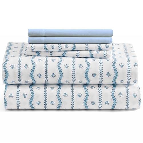 Caribbean Joe 6-Piece Sheet Set with Cooling Pillowcases 12-inch Deep Pockets Tropical Beach Coastal Design Queen Wavy Coastal Shells