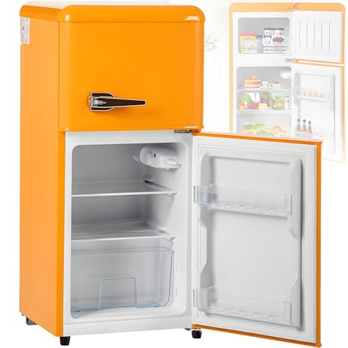 Combinación de frigorífico y congelador retro: refrigerador de dos puertas de 38 L, compartimento congelador de 22 L de 4 estrellas, capacidad útil de 60 L, iluminación interior LED,Yellow