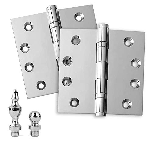 Solid Brass Architectural Door Hinges – 2 Vintage Decorative Cap Mortise Hinges, Ball Bearings, and Stainless Steel Hinge Pin – Home Decor by Embassy, 4.5 x 4.5 in., Polished Chrome