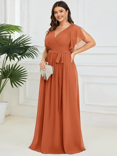 Image of Ever-Pretty Plus Women's Spring Chiffon A-Line Plus Size Bridesmaid Dress Empire Waist Ruched Formal Wedding Guest Dresses Brandied Melon US20