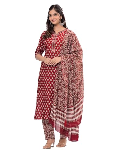Image of Tee Projekt Women's Cotton Blend Floral Straight Kurta Pant with Dupatta Set ll Mandarin Collar