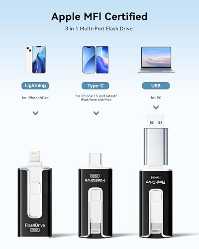 Image of MFi Certified Flash Drive for iPhone 256GB, 3 in 1 Type-C USB Memory Stick Thumb Drive for Photos Videos Storage, High Speed External Memory Storage Photo Stick for iPhone iPad Android PC (Black)