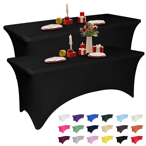 2 Pack 6 Feet Black Spandex Tablecloth for Rectangular Tables, Fi...