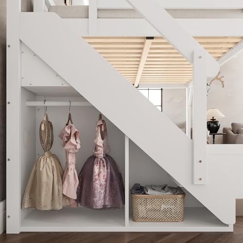 Image of KEIKI Solid Wood Queen Size Loft Bed Frame with Stairs, Built-in Wardrobe and Storage Space, Queen Loft Bed with Shelves, Queen-Length Guardrails, No Box Spring Needed for Bedroom, Light White