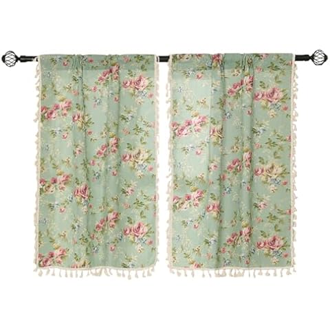 Moslovstar 2 Panels Linen Tassels Curtains Farmhouse Floral on Green Vintage Semi Sheer Window Curtain for Kitchen Bathroom, 26x36in Tiers Curtain Cover