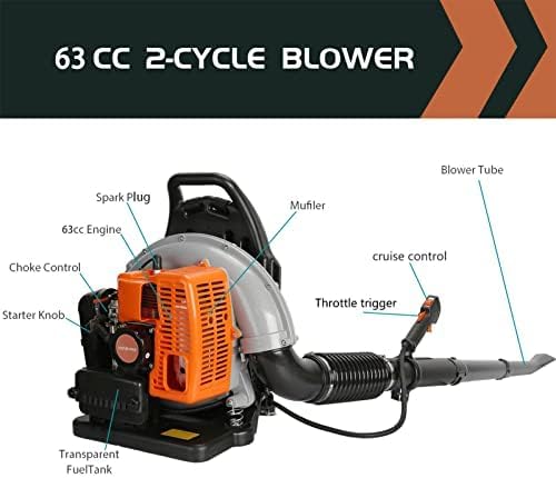 Miniatura 5 de Soplador de hojas de 550CFM, 1 juego de soplador de hojas de alta potencia de 2 tiempos, fuerte fuerza del viento, mochila ABS soplador de nieve