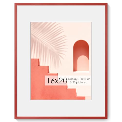 Fun Memories 16x20 Metal Picture Frame with 11x14 Mat, Brushed Aluminum Finish, Tempered Glass Front, and Attached Hanging Hardware(Red, Pack of 1)