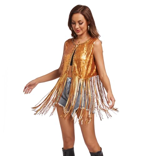 MISI CHAO Sequin Fringe Vest - Sparkly Tassels Jacket Rivet Sleeveless Open Front Tops Glitter Party Cowgirl Concert Outfits3