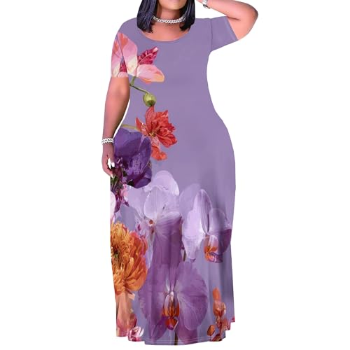 Image of PinkPatty Women's Plus Size Maxi Dresses Short Sleeve Sundress Summer T-Shirt Beach Long Dress with Pockets