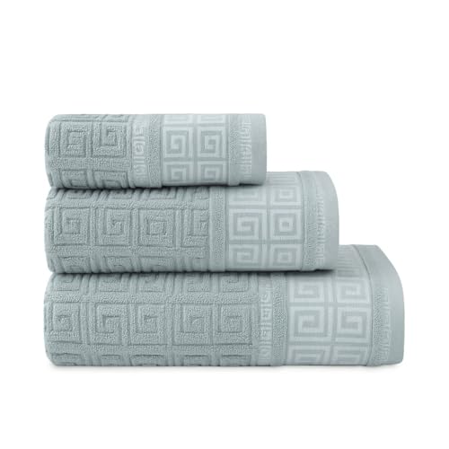 DH DREAMER HOME Juego de 3 Toallas de Baño – Diseño Greco Reversible – 100% algodón Extra Suaves y absorbentes – 1 de Tocador 30x50cm, 1 de Mano 50x90cm y 1 de Baño 100x150cm (Greco Verde Mar)