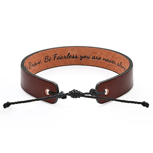 JoycuFF Confirmation Gifts for Men Genuine Leather Bracelets for Boys Inspirational Uplifting Arm Cuff Jewelry for Friends Easter Baptism Gifts Be Strong, Be Brave, Be Fearless.you are never alone