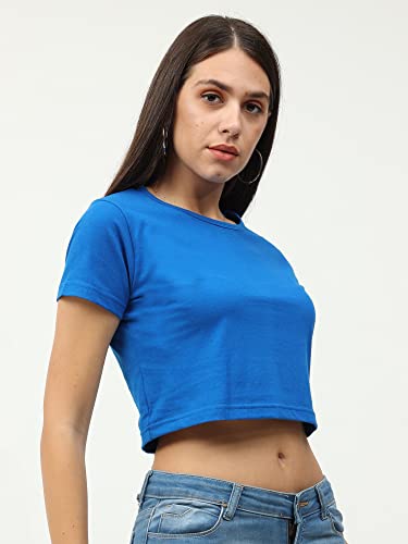 Image of FLEXIMAA Women's Cotton Plain Round Neck Half Sleeve Crop Top