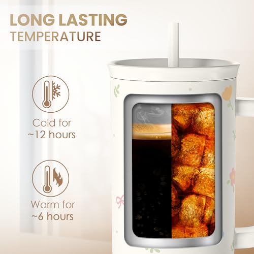 Image of Floral 40oz Slider Tumbler with Handle and Straw - Insulated Stainless Steel Travel Coffee Mug for Women Girls, Gift for Birthday Christmas