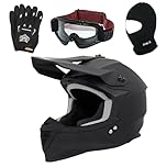 Zorax Matt Black L (59-60cm) ZOR-X303 Motocross Motorbike Helmet Dirt Bike Helmet & Black Gloves L(10cm) & Black Goggles & Balaclava