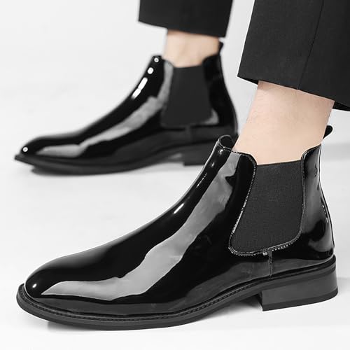 Men'S Patent Leather Chelsea Dress Boots Fashion Leather Waterproof Low Heel Elastic Band Slip On Ankle Boots Casual Business Formal Wedding Party Oxford Booties3