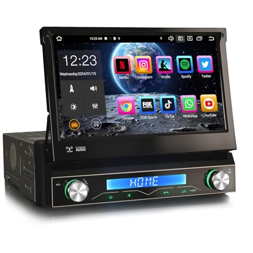 Erisin 7 Pulgadas 8-Core Android 14 1 DIN Retráctil Coche Estéreo de Automóvil GPS Reproductor De Dab+ Radio Pantalla Táctil Bluetooth 5.0 Incorporado DSP CarPlay Android Auto WiFi OBD2 USB 2GB+32GB
