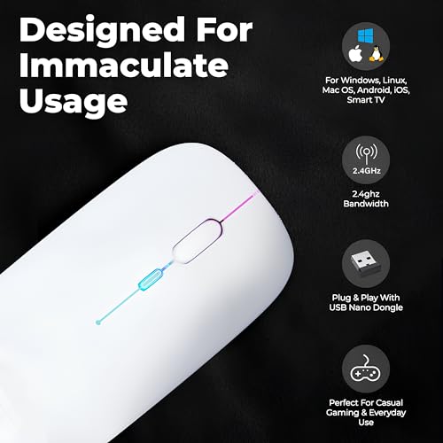 Image of Electro Wolf WM12 Rechargeable Wireless Mouse with RGB LED Backlit Silent Click (White Color) 1600 DPI Ergonomic Mouse for Laptop pc Computer Gaming & Work (WM12 White)