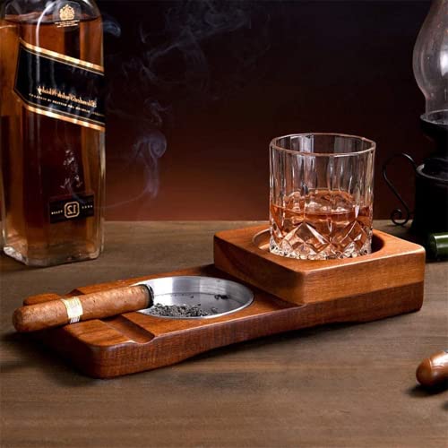 Opaeroo 2 In 1 Wooden Whiskey Glass Coaster Tray Cigar Ashtray Stainless Steel Ash Tray Whiskey Accessory Set Great Decoration For Men & Women-B #TOP1