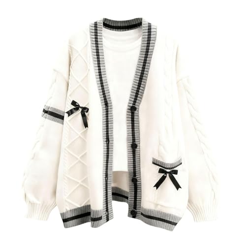 Image of ebossy Womens Kawaii Cute Bowknot Cable Knit Cardigans Sheep V Neck Button Down Slouchy Preppy Wool Blend Sweater Coat