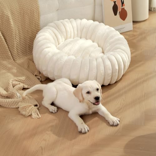 Donut Hundebett für kleine und mittelgroße Hunde, waschbares Kunstfell mit Cord-Fleece und rutschfester Unterseite, rundes Haustierbett mit abnehmbarem Bezug, Beige, L - 80 cm