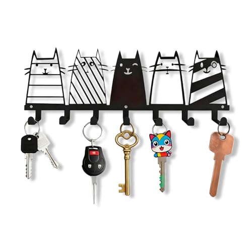 Rayakt Metal Key Holder for Wall Decorative, Key Hooks Wall Mounted with Cat Design, Black Key Hangers Key Rack for Entryway, Office, Hallway, Organization Storage for Leashes & Small Items