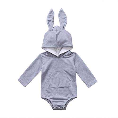 Newborn Baby Boys Girls Bunny Hooded One Piece Romper Easter Rabbit Ears Long Sleeves Jumpsuit with Pocket (Grey, 6-12m)