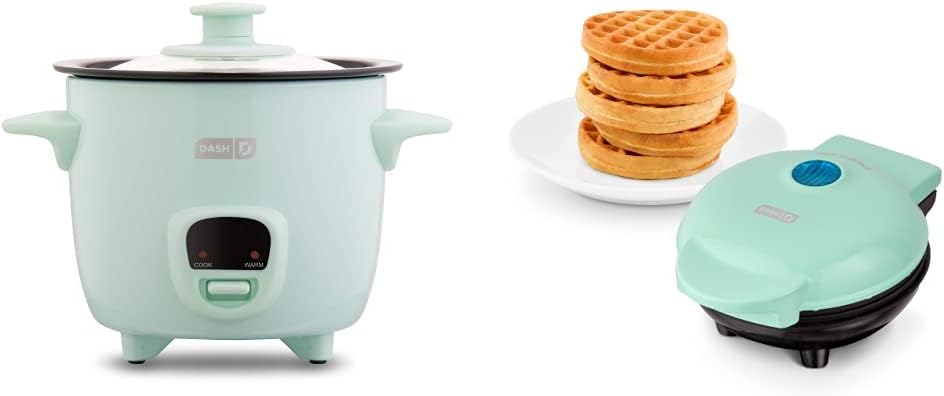 DASH Mini Rice Cooker Steamer with Removable Nonstick Pot, Keep Warm Function & Recipe Guide, 5 Quart, for Soups, Stews, Grains & Oatmeal - Aqua | DASH Mini Maker for Individual Waffles, Hash Browns, Keto Chaffles with Easy to Clean, Non-Stick Surfaces, 4 Inch, Aqua