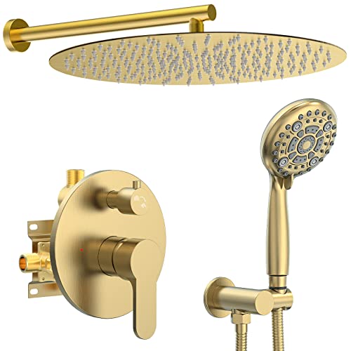 Sr Sun Rise Full Body Shower System - 16 Inch Rainfall Shower Faucet Set With 6 Settings Handheld Shower Head - Valve Included - Brushed Gold #TOP4