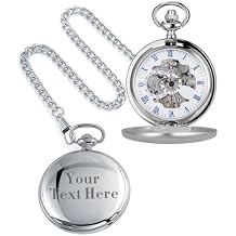 Personalized Mens Pocket Watch Skeleton Mechanical Hand Winding Half Hunter Silver Black Case Roman Numerals with Gift Box