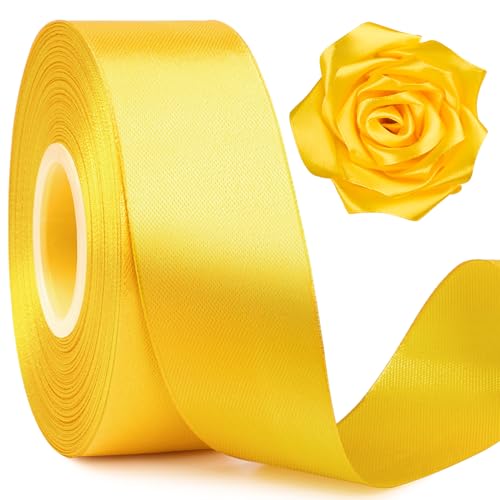 Image of Mauproy 1-1 /2 Inch Wide Yellow Satin Ribbon, 50 Yards Solid Polyester Fabric Ribbon for Roses Making, Gift Wrapping, Flower Bouquets, Wedding Decorations, Handmade Crafts