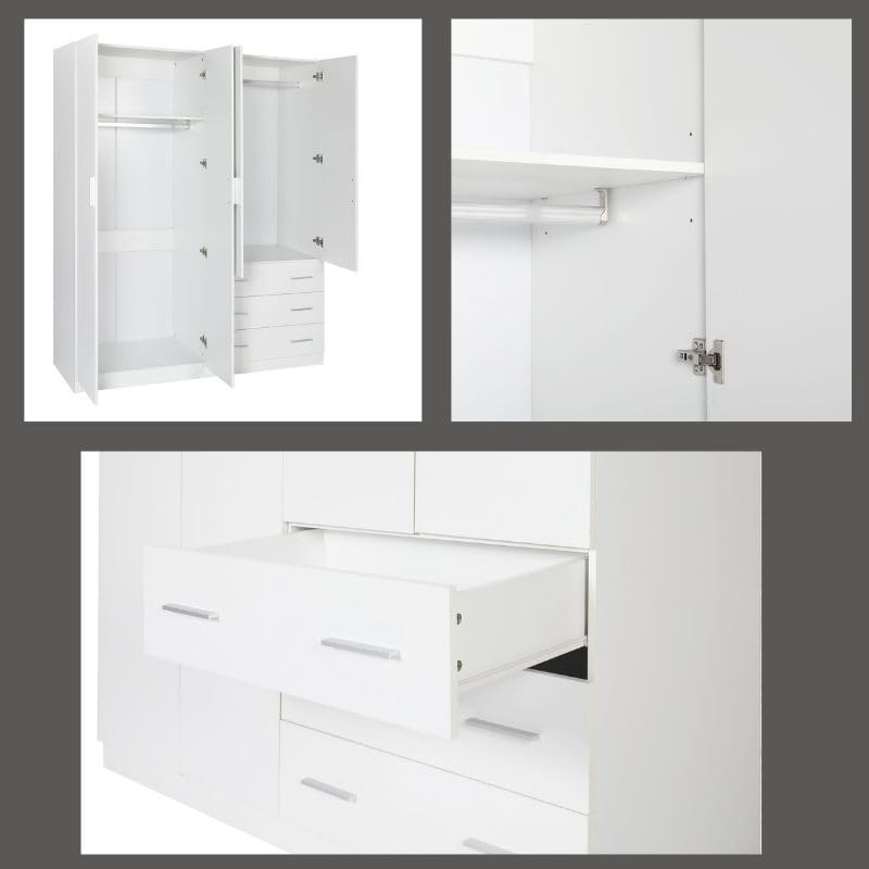 Buyqualia Armario Ropero Blanco 160x57,5x200 cm con 4 Puertas y 3 Cajones – Armario de Dormitorio Amplio y Funcional