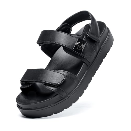 Image of ZEENXIUYA Women's Thick Platform Sandals Comfort Adjustable Double Strap, Soft Footbed Sandals with Back Strap, Arch Support Summer Beach Slip On Leather Flat Sandal