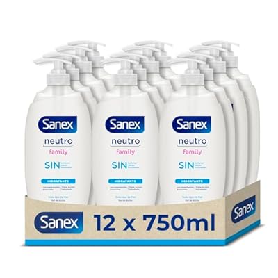 Gel de Ducha Sanex Neutro Family pack 12 x 750 ml | Con ingredientes esenciales | 0% sulfatos*  0% jabón y 0% colorantes | Gel de ducha para todo tipo de piel | Hidratación duradera