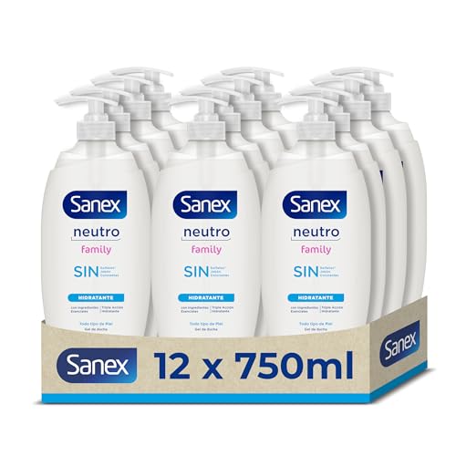 Gel de Ducha Sanex Neutro Family pack 12 x 750 ml | Con ingredientes esenciales | 0% sulfatos*, 0% jabón y 0% colorantes | Gel de ducha para todo tipo de piel | Hidratación duradera