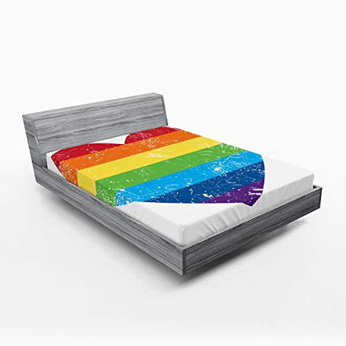 Ambesonne Vintage Rainbow 2 Pack Fitted Sheet, Heart Shape, Bed Cover All-Round Elastic Deep Pockets 2 Pieces, Package Contains 2 Full Size Fitted Sheets, Rainbow White