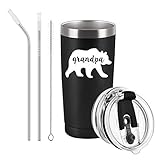 Gingprous Grandpa Bear Travel Tumbler Gifts for Men, Best Grandpa Birthday Gifts for Grandpa, New Grandpa, Father's Day Christmas Xmas Present, Stainless Steel Travel Tumbler with 2 Lids(20 Oz, Black)