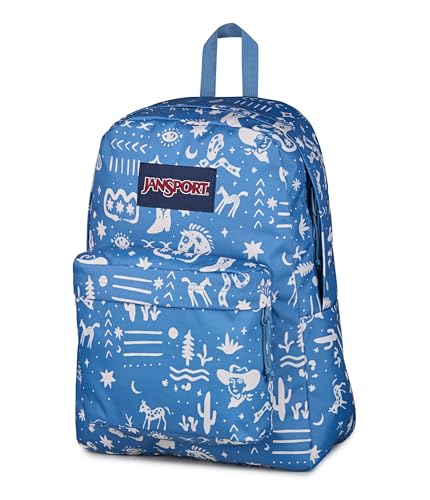 Image of JanSport SuperBreak Plus Backpack with Padded 15-inch Laptop Sleeve and Integrated Bottle Pocket - Spacious and Durable Daypack for Work and Travel, Yeehaw And Horses Elemental Blue /Cream