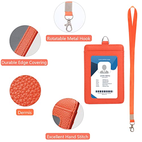 Cow Leather ID Badge Holder with Lanyard(Full Grain Leather,3"*4.5"),1 Clear ID Window and 3 Card Slots,Nylon Neck Lanyard with rotatable and Removable Metal Clasp,Vertical Name Badge Holders - Image 2