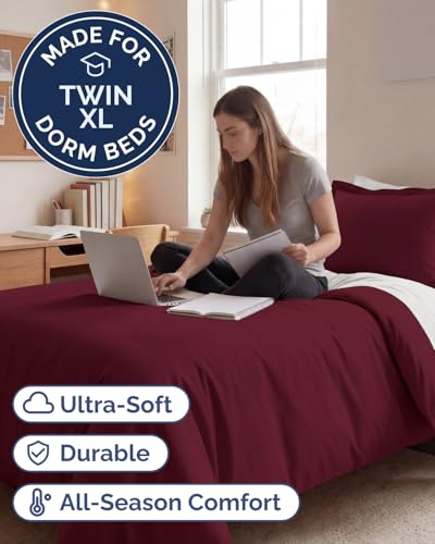Image of Duvet Cover Twin /Twin XL Size - 2 Piece Set with Zipper Closure - Burgundy | Extra Soft Twin /Twin XL Duvet Cover 68 inch x 90 inch with 1 Pillow Sham, Hotel Luxury w / Zipper Closures & Ties, Comfy & Breathable