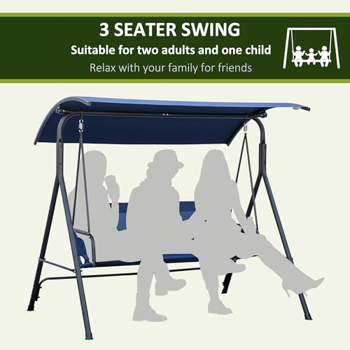 Outsunny 3-Person Porch Swing with Stand, Outdoor Swing for Patio Porch with Adjustable Tilt Canopy and Comfortable Swing Bench-Style Seat, Steel Frame, Dark Blue - Image 6