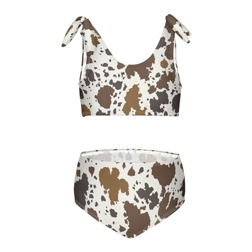 CaTaKu Girls' Swimwear Cow Print Brown Toddler Bathing Suit for Girls Swimsuit Size 3-12T Bikini Set