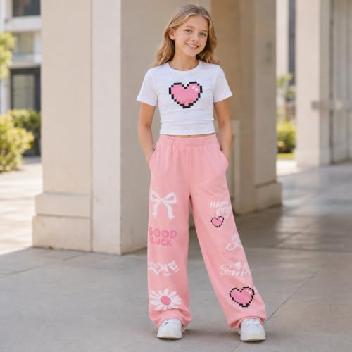 Image of Girls Clothes 2 Piece Cute Pixel Heart-Print Top Graffiti-Print Pants Sets | Trendy Y2K Inspired Outfit with Fitted Top and Wide Leg Bottoms, Casual Streetwear for Teens Girls 7-14Y