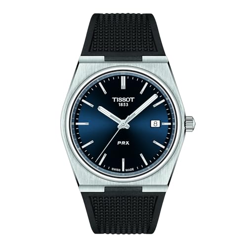 Tissot PRX, Swiss Quartz Watch for Men, 40mm Stainless Steel Case, Blue Dial, Synthetic Strap, T1374101704100