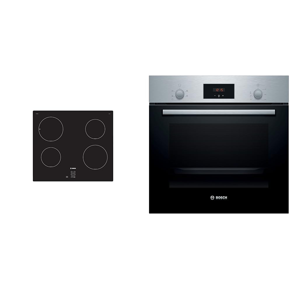 Bosch Home & Kitchen Appliances Bosch Serie 2 PUG61RAA5B Induction hob, 60 cm, Black & Serie 2 HHF113BR0B Stainless Steel Single Electric Oven with A Energy Efficiency, 66 Litre Capacity