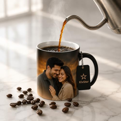 Image of KivStar Customized Photo & Quote Reveal Mug - Black Magic Coffee Cup (325ml) - Ideal Surprise Gift for Him /Her on Birthday & Engagement 01 (Combo-02)