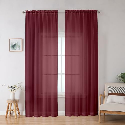 Image of OWENIE Sheer Curtains, Sheer Curtains 78 inch Length 2 Panels Set, Rod Pocket Voile Fimly Sheer Drapes for Living Room /Bedroom, 2pcs, Each 42 inch W x 78 inch L, Burgundy