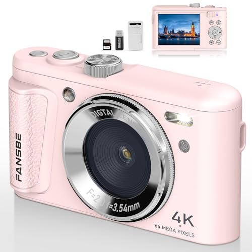 Image of Fansbe Smart Digital Camera, 4K Vlogging Camera with 64MP, Point and Shoot Digital Cameras with 18X Zoom, Anti-Shake, Mode Dial, 32GB SD Card, Card Reader, Charger, Compact Small Cameras, Pink