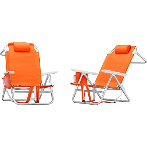 Lemberi Backpack Beach Chairs For Adults,1/2 Pack Folding Heavy Duty Camping Chair With Large Pockets And Cup Holder,Adjustable High Beach Lounge Chairs With Towel Rack For Outdoor,Travel (2, Orange) #TOP10