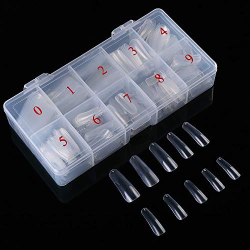 Buqikma Coffin Nails Clear Ballerina False Nails Tips Long Full Cover Acrylic Fake Nails 500pcs 10 Sizes Manicure Tool with Box