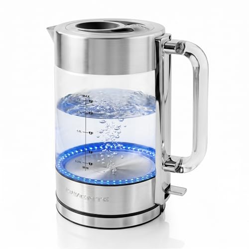 OVENTE Electric Kettle, 1.8L Tea Kettle Cordless with Borosilicate Glass Water Boiler, Stainless Steel Base, Acrylic Handle, 1500W Fast Boil Electric Kettle, Easy Fill Lid, Auto Shutoff, Silver KG911S